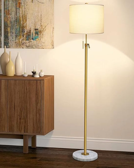 Modern Floor Lamp for Living Room, Adjustable Height Standing Lamp with Marble Base, 3-Way Dimmable Gold Brass Tall Pole Light with White Linen Shade for Reading, Bedroom, Chain Switch, Bulb Included - LeafyLoom