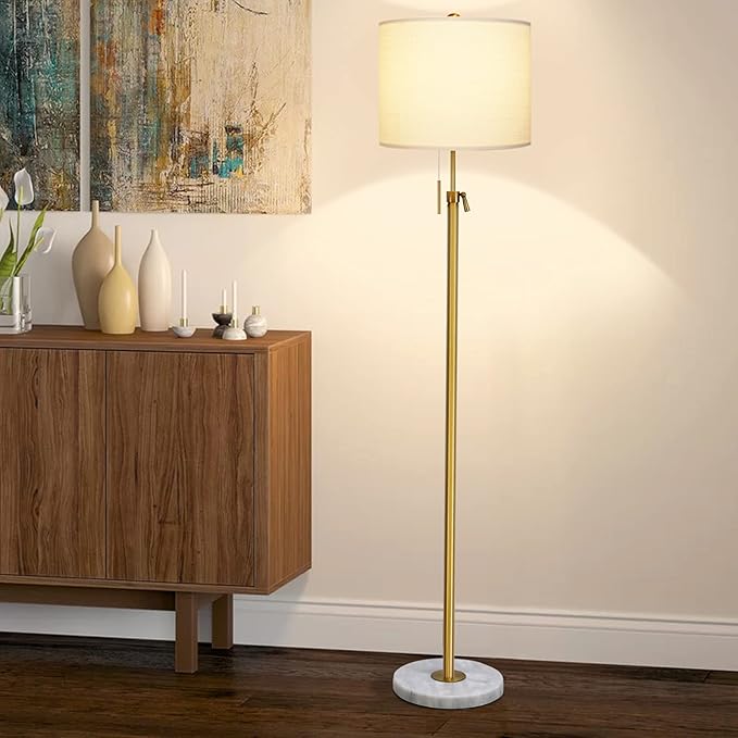 Modern Floor Lamp for Living Room, Adjustable Height Standing Lamp with Marble Base, 3-Way Dimmable Gold Brass Tall Pole Light with White Linen Shade for Reading, Bedroom, Chain Switch, Bulb Included - LeafyLoom