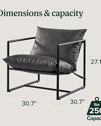ZINUS Aidan Faux Leather Sling Accent Chair, Metal Framed Armchair with Shredded Foam Cushioning, Slate Grey - LeafyLoom