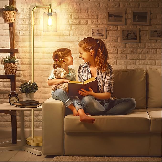 MAXvolador Industrial Floor Lamp, Modern Standing Lamps with Hanging Clear Glass Shade, Classic Reading Tall Pole Light for Living Room Bedroom, Gold - LeafyLoom