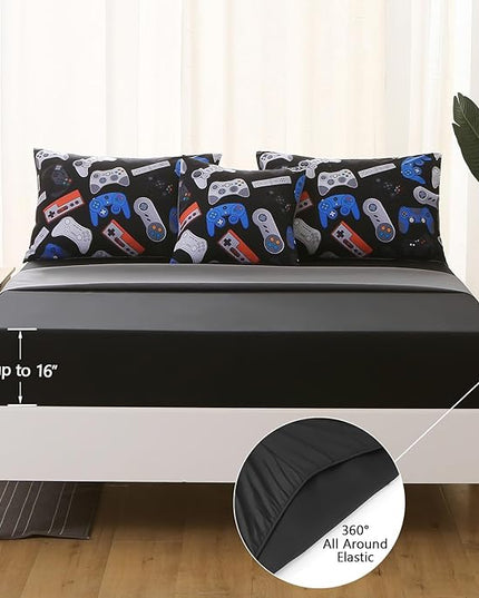 6Pcs Game Console Comforter Set with Sheets for Boys Girls Kids Teens, Gamepad Collection Themed Bed in A Bag Full Size, 3D Video Gamer Controller Bedroom Decor Bedding Set - LeafyLoom