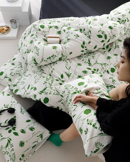 Sage Botanical Comforter Set Full White and Green Floral Plant Bedding Comforter Set Girls Garden Pattern Printed on White Blanket Rustic Leaf Blossom Women White Farmhouse Comforter Full - LeafyLoom