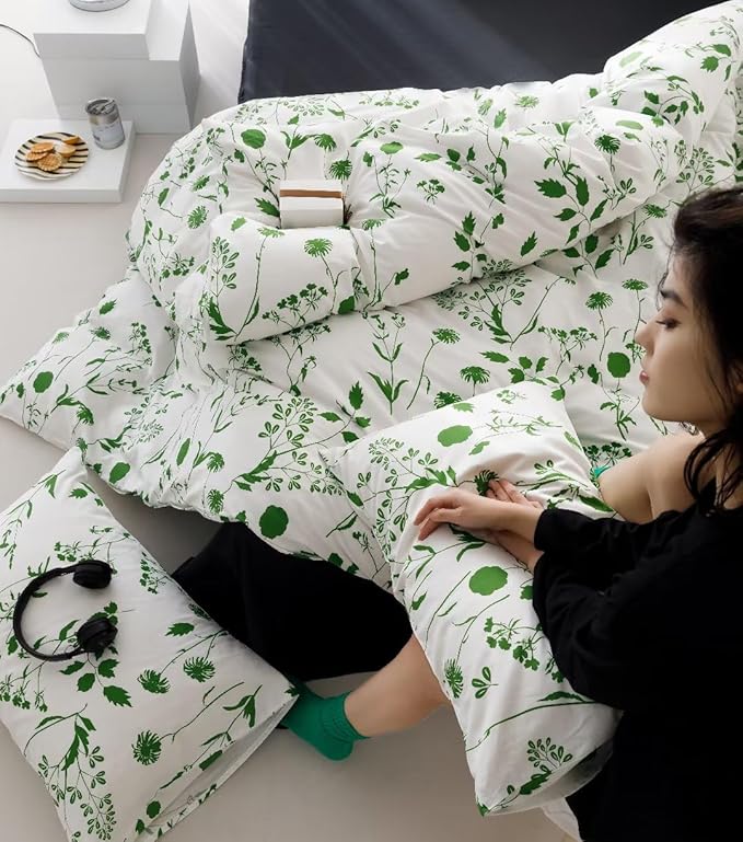 Sage Botanical Comforter Set Full White and Green Floral Plant Bedding Comforter Set Girls Garden Pattern Printed on White Blanket Rustic Leaf Blossom Women White Farmhouse Comforter Full - LeafyLoom