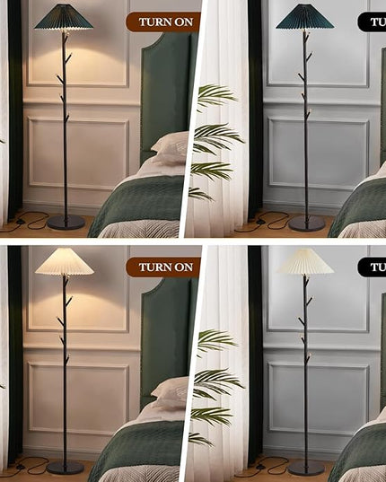 Unique Floor Lamps Modern,Black Simple Floor Lamp with Coat Rack,Tree LED standing lamp ,Lamparas De Pie Para Sala for Living Room Office or Bedroom - Includes Two Pleated Lampshades (Beige+Green) - LeafyLoom