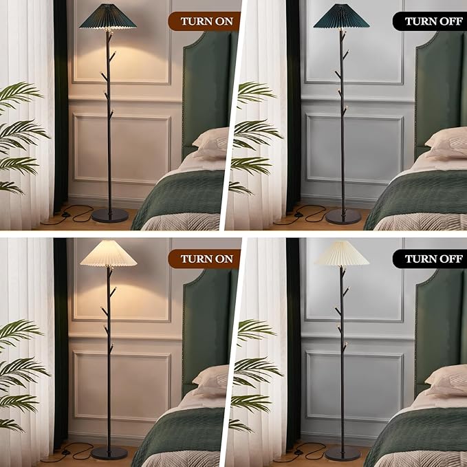 Unique Floor Lamps Modern,Black Simple Floor Lamp with Coat Rack,Tree LED standing lamp ,Lamparas De Pie Para Sala for Living Room Office or Bedroom - Includes Two Pleated Lampshades (Beige+Green) - LeafyLoom