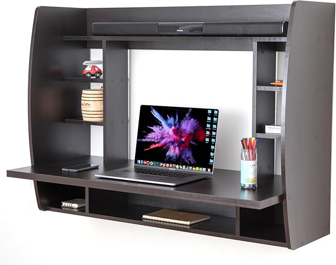 Wall Mount Laptop Office Desk with Shelves, Brown, - LeafyLoom