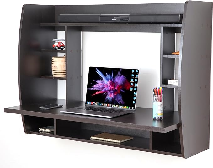 Wall Mount Laptop Office Desk with Shelves, Black, - LeafyLoom