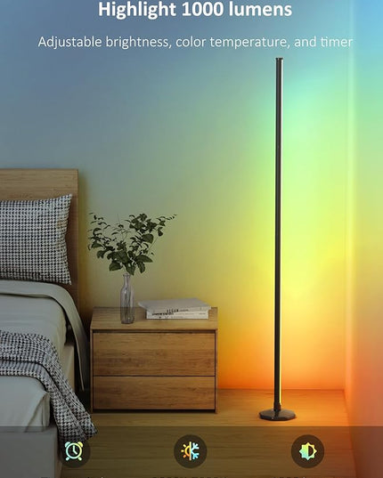 65" LED Corner Floor Lamp：Uocub 16 Million DIY Colors & 68+ Scene RGB Smart Modern Floor Lamp with Timing, Music Sync, App and Remote Control Standing Lamp for Living Room (Black) - LeafyLoom