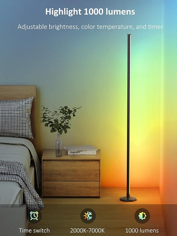 65" LED Corner Floor Lamp：Uocub 16 Million DIY Colors & 68+ Scene RGB Smart Modern Floor Lamp with Timing, Music Sync, App and Remote Control Standing Lamp for Living Room (Black) - LeafyLoom