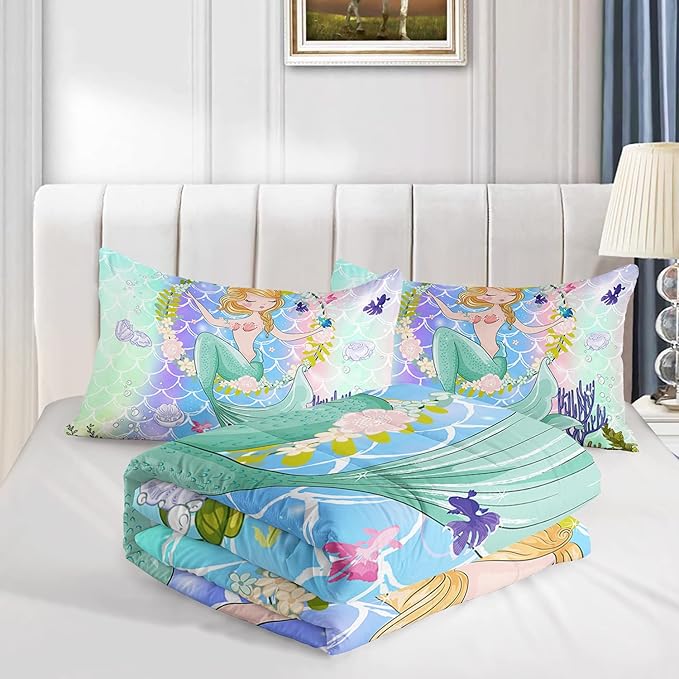 CVHOUSE Mermaid Comforter Set,Ocean Sea Mermaid Bedding Set for Girls Kids Teens,Mermaid Comforter Butterflies Duvet Set Room Decor Quilt Set Twin Size - LeafyLoom