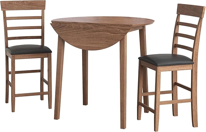 NicBex Small Dining Table for 2 Breakfast Nook Table Set 3Pcs Retro Round Counter Height Drop-Leaf Table with 2 Upholstered Chairs Dining Table Set Pub Set for Small Space Kitchen, Walnut - LeafyLoom