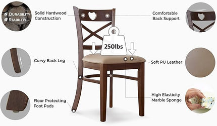 Livinia Heart X-Back Dining Chair Set of 2, Solid Malaysian Oak PU Leather Upholstered Cushion Seat Wooden Cross Back Side Chairs (Walnut) - LeafyLoom