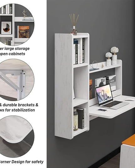 Pmnianhua Floating Desk,41'' Wall Mounted Desk Fold Down Laptop Desk Folding Space Saving Table Workstation with Storage Shelves for Bedroom Study Room Small Space (Off White-Left) - LeafyLoom