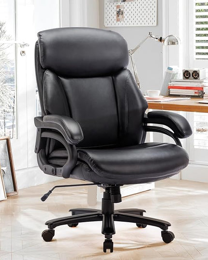 Big and Tall Office Chair 400lbs-Heavy Duty Executive Desk Chair with Extra Wide Seat, High Back Ergonomic Leather Computer Chair with Tilt Rock, Padded Armrests-Black - LeafyLoom