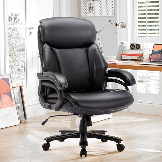 Big and Tall Office Chair 400lbs-Heavy Duty Executive Desk Chair with Extra Wide Seat, High Back Ergonomic Leather Computer Chair with Tilt Rock, Padded Armrests-Black - LeafyLoom