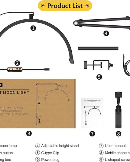 Yofuly Half Moon Light for Lashes, LED Nail Desk Lamp, Esthetician Light for Tattoo Artists, Nail Tech, Eyelash Lamp with Phone Holder, 10 Brightness Adjustable (Black) - LeafyLoom