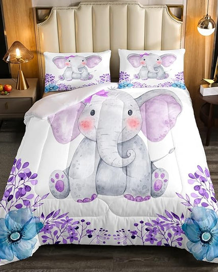Kids Elephant Bedding Set Cute Animal Comforter Set Full For Girls Boys Kawaii Room Decor, Flower Branches Duvet Sets Cartoon Elephant With Floral Down Comforter With 2 Pillow Cases, Purple Blue - LeafyLoom