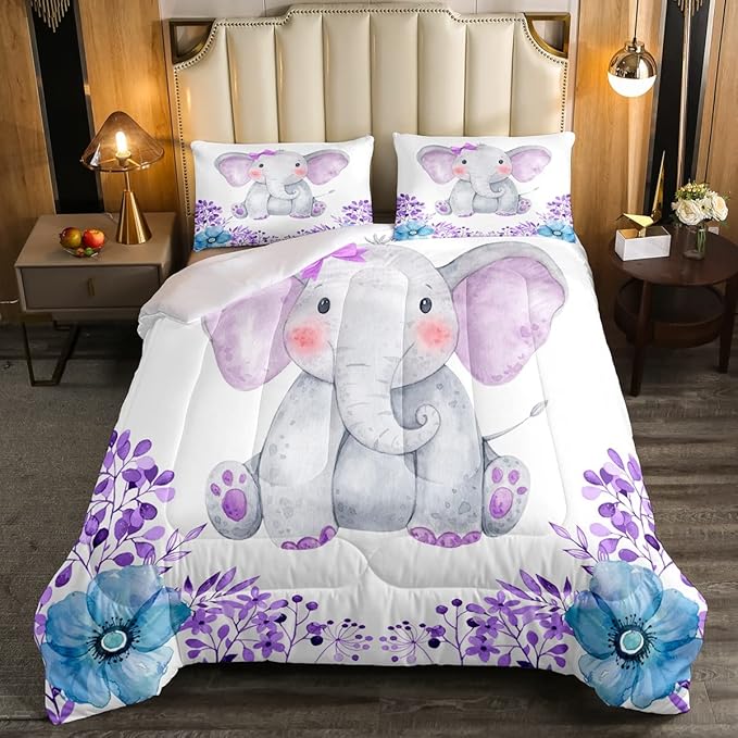 Kids Elephant Bedding Set Cute Animal Comforter Set Full For Girls Boys Kawaii Room Decor, Flower Branches Duvet Sets Cartoon Elephant With Floral Down Comforter With 2 Pillow Cases, Purple Blue - LeafyLoom