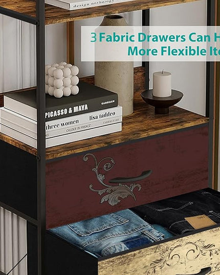 Vertical Bookshelf with 3 Drawers, Narrow Bookcase with Shelves, Wood Storage Organizer Cabinet, Metal Frame Display Standing Shelf Unit for Bedroom, Kitchen, Office - LeafyLoom