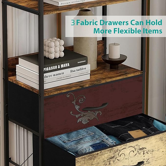 Vertical Bookshelf with 3 Drawers, Narrow Bookcase with Shelves, Wood Storage Organizer Cabinet, Metal Frame Display Standing Shelf Unit for Bedroom, Kitchen, Office - LeafyLoom