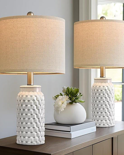 20.5" White Modern Ceramic Bedside Lamp Set of 2 for Bedroom Decor Farmhouse Table Lamp for Living Room Office Dorm - LeafyLoom