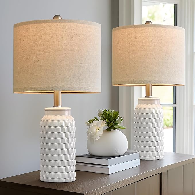 20.5" White Modern Ceramic Bedside Lamp Set of 2 for Bedroom Decor Farmhouse Table Lamp for Living Room Office Dorm - LeafyLoom
