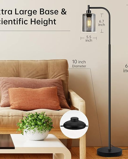 BoostArea Industrial Floor Lamp, Standing Lamp with 2 in 1 Iron Mesh Glass Lampshade, 6W LED Bulb Included, Foot Switch, Bright Modern Floor Lamp for Living Room and Bedroom, Office, Simple Style - LeafyLoom