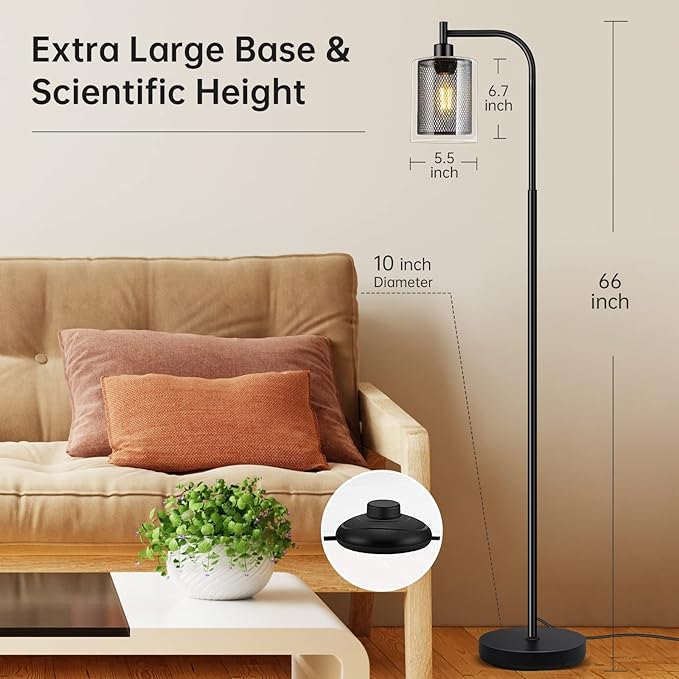 BoostArea Industrial Floor Lamp, Standing Lamp with 2 in 1 Iron Mesh Glass Lampshade, 6W LED Bulb Included, Foot Switch, Bright Modern Floor Lamp for Living Room and Bedroom, Office, Simple Style - LeafyLoom