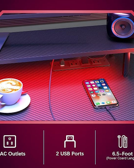 Gaming Desk with Power Outlets & LED Strip Lights,Computer Desk with Large Monitor Stand, Gamer Workstation with Stylish Metal Legs,Headphone Hook&Cup Holder for Home Office - LeafyLoom