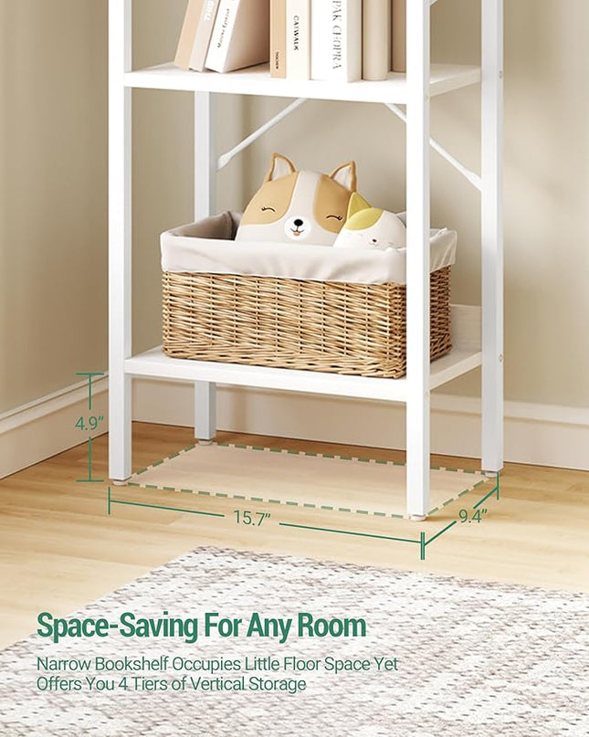 Bookshelf, Book Shelf, Industrial Bookcase with 2 Hooks, Coner Shelf Storage Organizer for Home Office, Living Room, Bedroom, Kitchen, 4-Tier White BC10413W - LeafyLoom