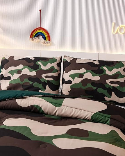 Meeting Story Camouflage Bedding Set, Colorful Pattern Style Comforter Set, 5 PCS One Comforter Two Pillowcases Two Sheets in One Bag, All Season Bedspread for Teens Adults (Green, Full 5Pcs) - LeafyLoom
