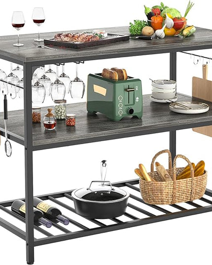 Homieasy Kitchen Island with Wine Glass Holder, Industrial Wood and Metal Coffee Bar Wine Rack Table, 3 Tier Spacious Prep Table Extended Counter with Hooks Easy to Assemble, Black Oak - LeafyLoom