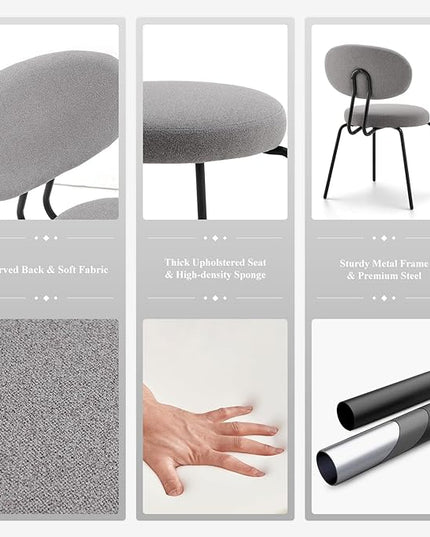 COLAMY Modern Fabric Dining Chairs Set of 2, Mid Centry Upholstered Dining Room Kitchen Chairs with Curved Backrest, Round Seat, Black Metal Legs, Grey - LeafyLoom