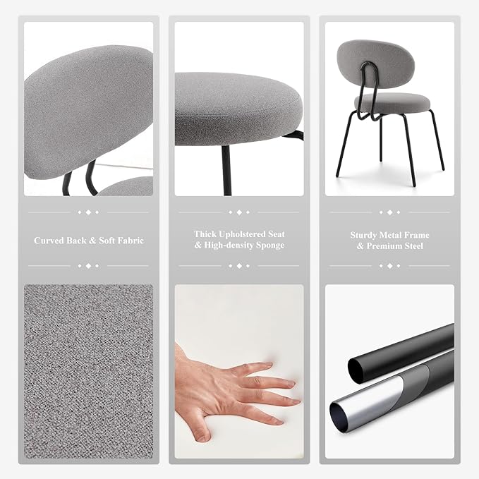 COLAMY Modern Fabric Dining Chairs Set of 2, Mid Centry Upholstered Dining Room Kitchen Chairs with Curved Backrest, Round Seat, Black Metal Legs, Grey - LeafyLoom