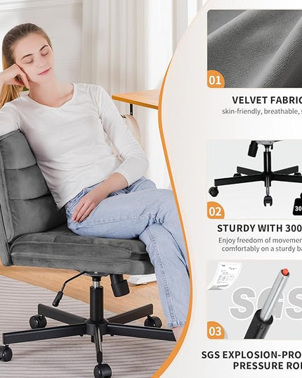 COMHOMA Criss Cross Chair with Wheels, Armless Wide Cross Legged Office Chair Mid Back, Modern Home Office Desk Chair Swivel Adjustable Vanity Computer Chair, Gray Velvet - LeafyLoom