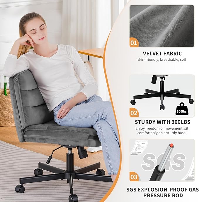 COMHOMA Criss Cross Chair with Wheels, Armless Wide Cross Legged Office Chair Mid Back, Modern Home Office Desk Chair Swivel Adjustable Vanity Computer Chair, Gray Velvet - LeafyLoom