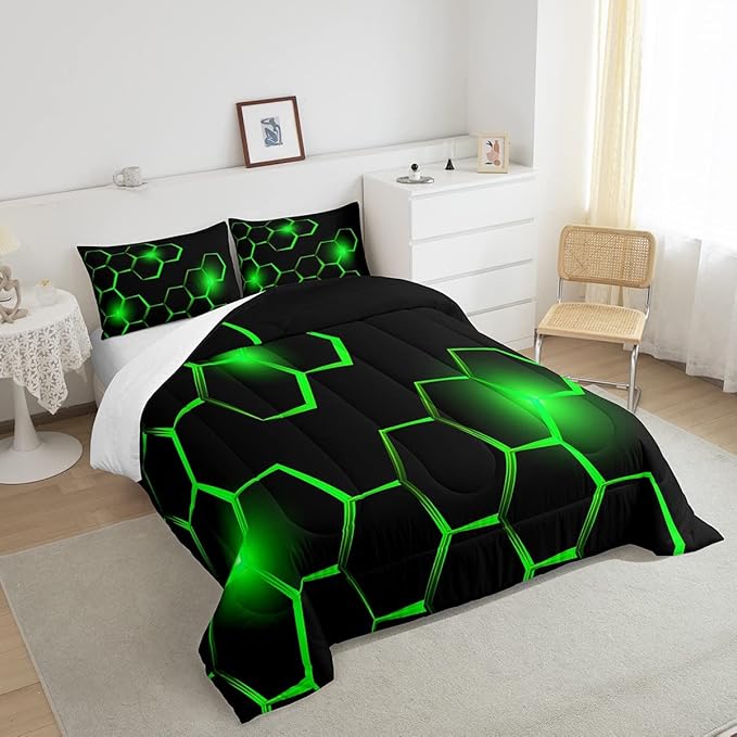 Honeycomb Kids Comforter Set Modern Geometry Hexagon Bedding Set for Boys Children Teens Bedroom Decor Geometrical Comforter Beehive Geometric Black Green Duvet Set Twin Size with 1 Pillow Case - LeafyLoom