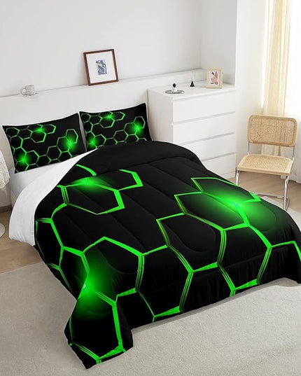 Honeycomb Kids Comforter Set Modern Geometry Hexagon Bedding Set for Boys Teens Decor Geometrical Comforter Beehive Geometric Black Green Duvet Set King Size with 3 Pillow Case Boys - LeafyLoom