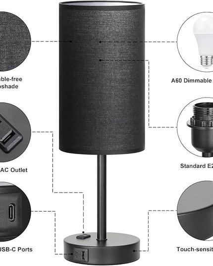 Touch Nightstand Lamp - Black, 3-Way Dimmable, USB A + C Charging, AC Outlet, 17.4inch Medium - LeafyLoom