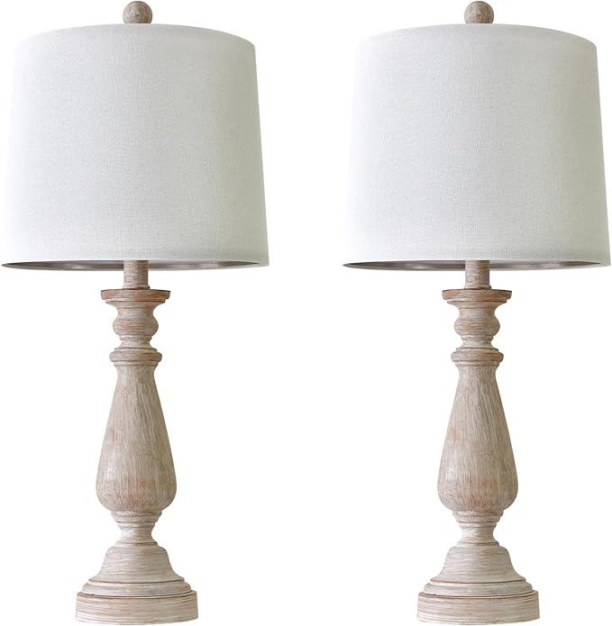 PORTRES 24.5" Mid Century Table Lamp Set of 2 for Living Room Farmhouse Linen Bedside Lamps for Bedroom Kids Room Dorm Office Rustic Lamps for End Table Nigntstand Resin - LeafyLoom