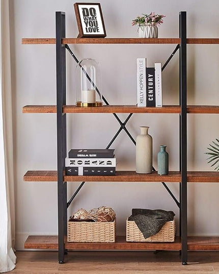 HSH 4 Tier Natural Real Wood Bookshelf, 4 Shelf Rustic Solid Wooden and Metal Bookcase, Farmhouse Open Vintage Industrial Etagere Book Shelf for Office Living Room Bedroom Storage, Distressed Brown - LeafyLoom