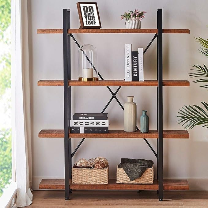 HSH 4 Tier Natural Real Wood Bookshelf, 4 Shelf Rustic Solid Wooden and Metal Bookcase, Farmhouse Open Vintage Industrial Etagere Book Shelf for Office Living Room Bedroom Storage, Distressed Brown - LeafyLoom