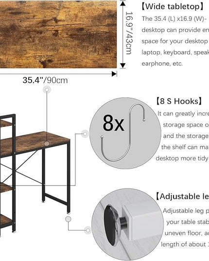 4NM 35" Small Computer Desk with 4-Tier Bookshelf and 8 Hooks, Home Office Desk Writing Workstation Study Table for Small Space Work - Rustic Brown and Black - LeafyLoom