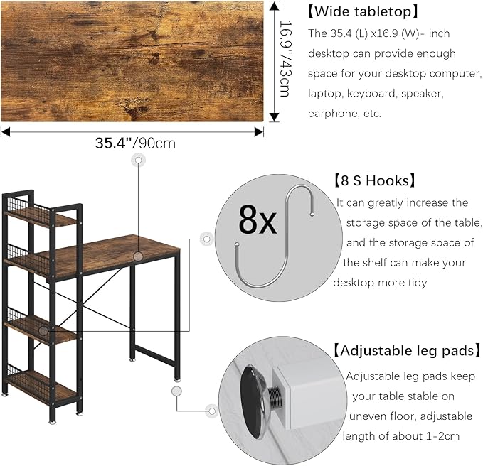 4NM 35" Small Computer Desk with 4-Tier Bookshelf and 8 Hooks, Home Office Desk Writing Workstation Study Table for Small Space Work - Rustic Brown and Black - LeafyLoom