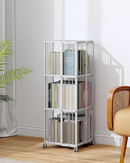 Rotating Bookcase White 3 Tiers Metal Large Capacity Bookshelf, 360°Cubic for Small Space with Storage and Creative Multi-Layer Shelves,Magazine Books for Bedroom Living Room Study Office - LeafyLoom