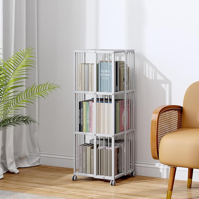 Rotating Bookcase White 3 Tiers Metal Large Capacity Bookshelf, 360°Cubic for Small Space with Storage and Creative Multi-Layer Shelves,Magazine Books for Bedroom Living Room Study Office - LeafyLoom