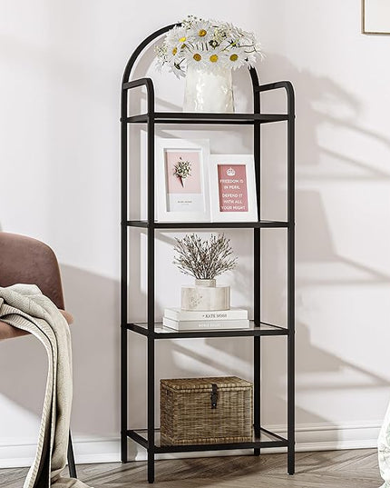 Bookcase Bookshelf, Tempered Glass Bookshelves, Slim Shelving Unit for Bedroom, Bathroom, Home Office, Steel Frame, 4 Tier Black BC04001B - LeafyLoom