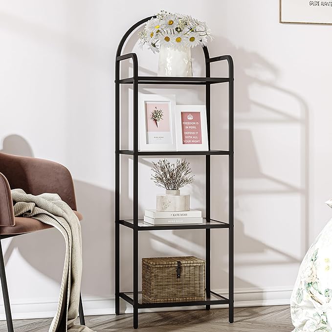 Bookcase Bookshelf, Tempered Glass Bookshelves, Slim Shelving Unit for Bedroom, Bathroom, Home Office, Steel Frame, 4 Tier Black BC04001B - LeafyLoom
