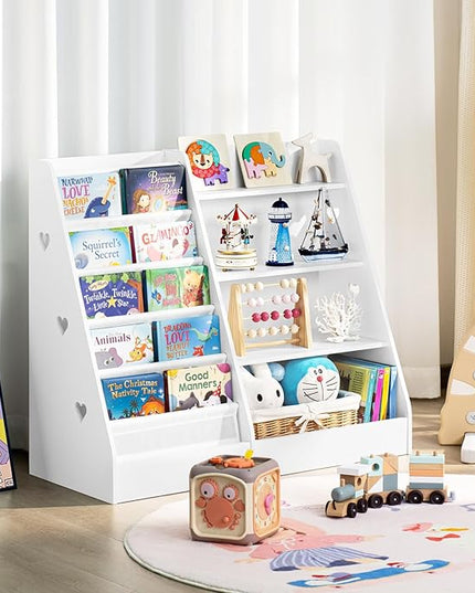 Lerliuo 4 Tier Kids Bookshelf and Storage Organizer, Five Layer Sling Children Bookcase, Baby Toddler Wooden Book Shelf, Display Cabinet for Playroom, Bedroom, Classroom, Nursery, School (White) - LeafyLoom