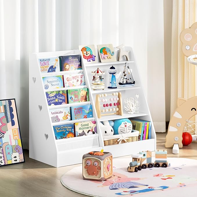 Lerliuo 4 Tier Kids Bookshelf and Storage Organizer, Five Layer Sling Children Bookcase, Baby Toddler Wooden Book Shelf, Display Cabinet for Playroom, Bedroom, Classroom, Nursery, School (White) - LeafyLoom
